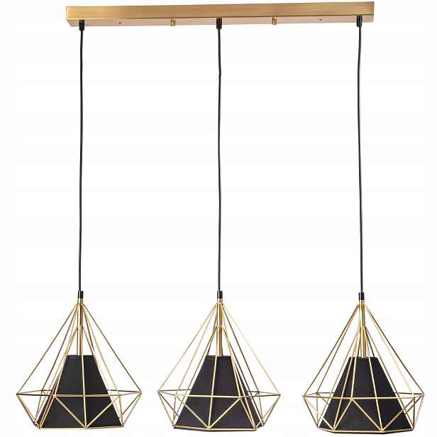 Závěsná lampa zlatá drátěná s černými stínítky nad stůl 3pk Polux