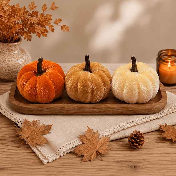 TEMU Sada 3 umělých dýní - meruňková + oranžová + khaki dýňové dekorace - flanelové oranžové umělé dýně, vhodné pro podzimní, halloweenské a