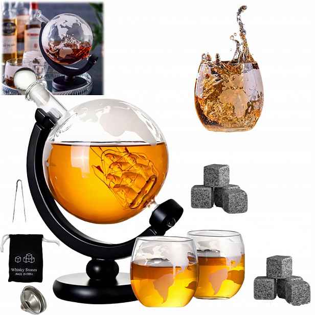 Sada Na Whisky Karafa Globus 850ML Loď 2 Sklenice Kostky Granit XXXL