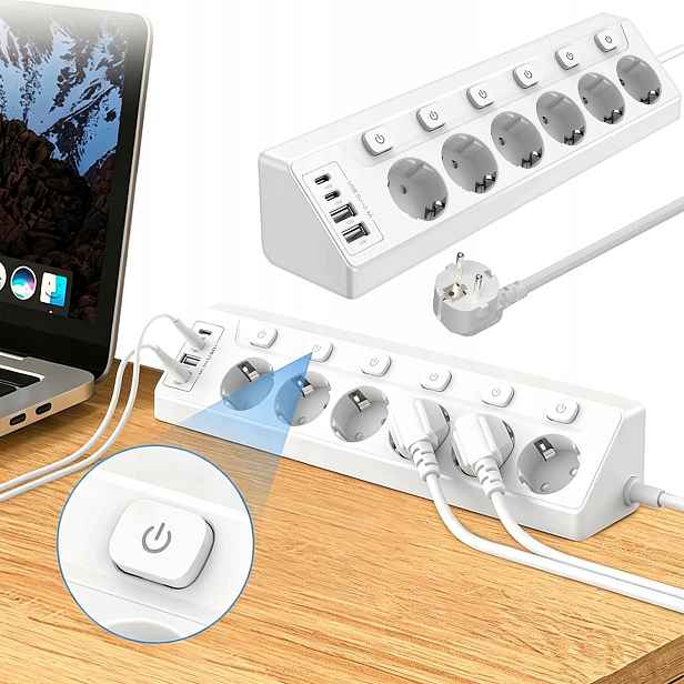 Prodlužovací Kabel Zásuvková Lišta Rozdělovač Vypínač 6 Zásuvek 4xUSB 2 Metry