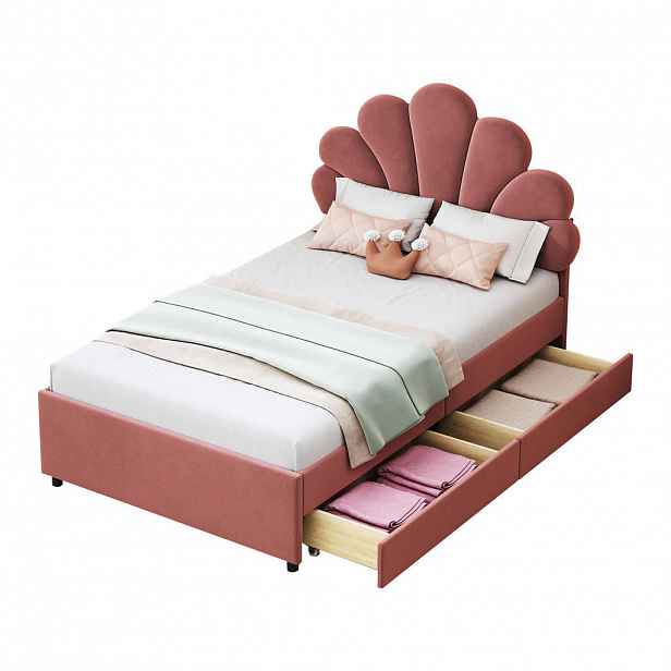 OKWISH DĚTSKÁ postel 90/200 cm růžová z sametu se 2 zásuvkami a lamelovým roštem