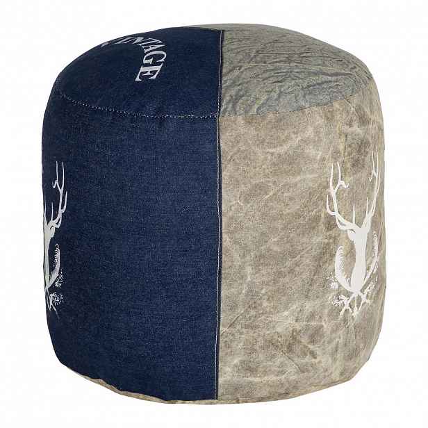 WOMO-DESIGN SEDACÍ pouf kulatý 35x43cm přírodní/modrý z plátna/džínoviny, bavlněná výplň
