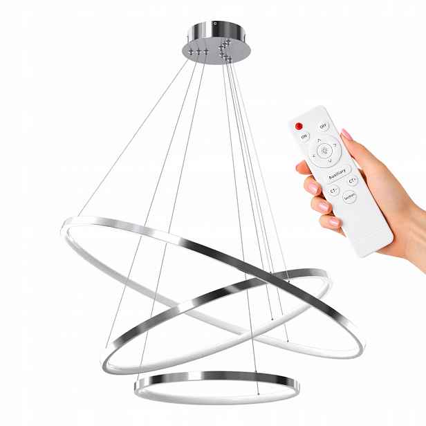 Závěsné Stropní Svítidlo Lustr Stříbrný Chrom Lesklý Loft 60 CM Dálkový Ovladač