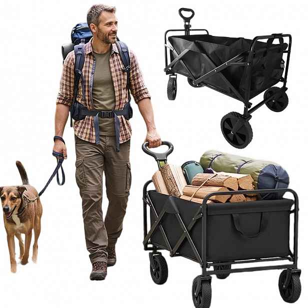 Skládací kempingový vozík, 75 l, nastavitelná rukojeť, černý
