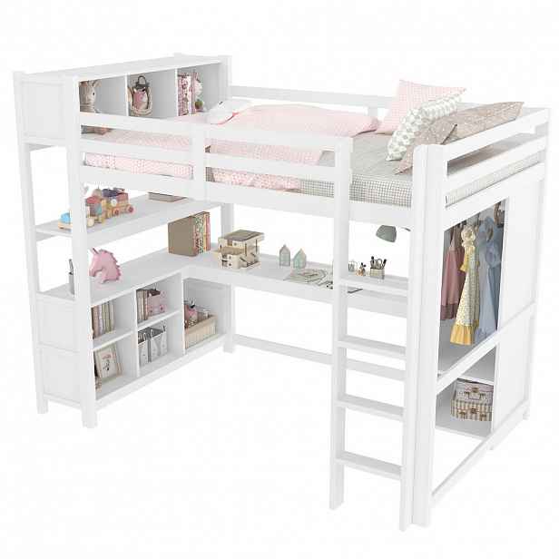 STILVORA HOCHBETT 140/200 cm in Weiß mit Regal, Schreibtisch und Kleiderschrank aus Kiefernholz