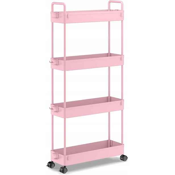 Vozík Regál Mobilní organizér na kolečkách 4 úrovně Růžový 12x39x92 cm