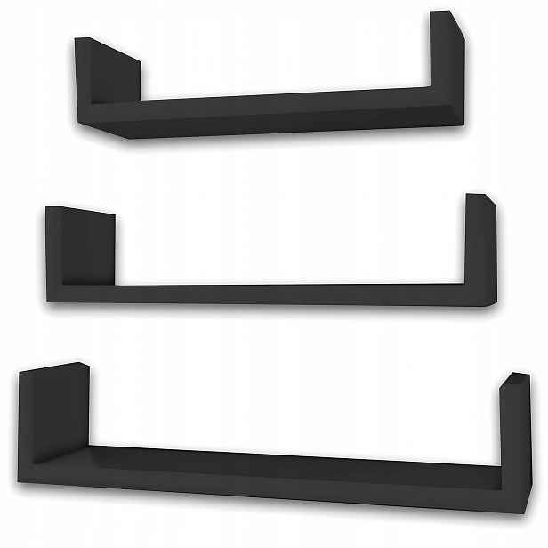 Nástěnné police, sada tří ks U 40/60/80 cm, barva černý laminát 18 mm
