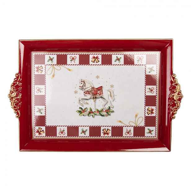 Vánoční servírovací červený podnos vánoční koník - 41*26*3 cm Clayre & Eef