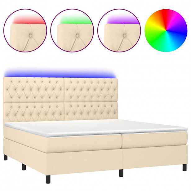 vidaXL Box spring postel s matrací a LED krémová 200x200 cm textil