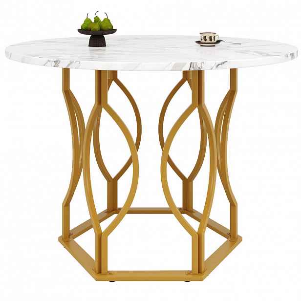 Modfu KULATÝ jídelní stůl 100x100x76 cm bílý a zlatý z MDF a kovu s nastavitelnými nožkami