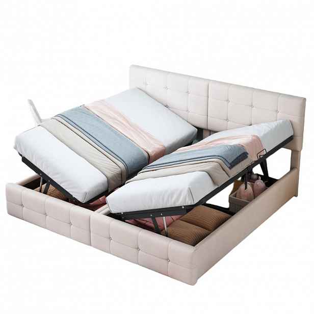 OKWISH ČALOUNĚNÁ postel 180/200 cm béžová ze sametu s úložným prostorem a dělitelnou konstrukcí