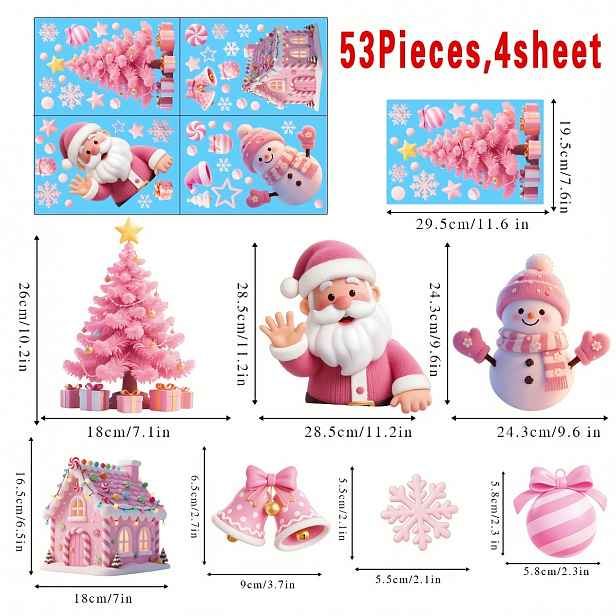 TEMU 53 kusů/4 vánoční statické dekorace na okna, bez zbytků – Navidad: Růžový Santa, Sněhulák s růžovou čepicí a šálou, Růžový vánoční stromek,