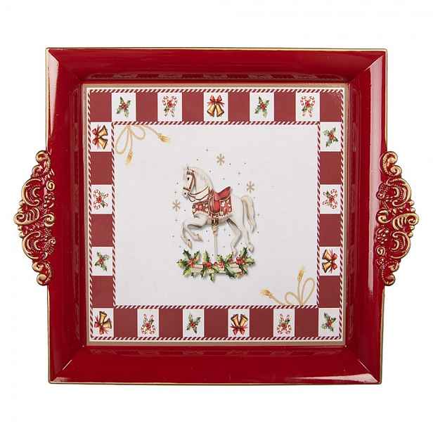 Vánoční servírovací červený podnos vánoční koník - 30*26*3 cm Clayre & Eef