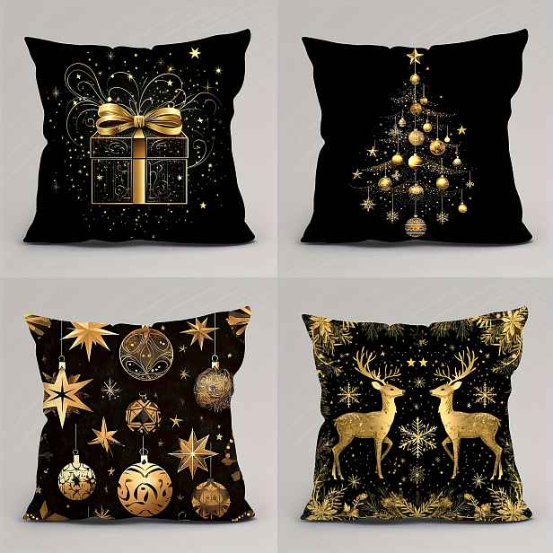 TEMU 4ks Vánoční povlaky na polštáře, černé pozadí se zlatým vánočním vzorem, 100% polyester, oboustranný tisk, zipové zapínání, velikosti 16/18/20