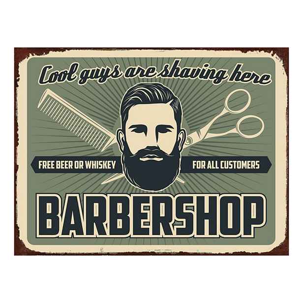 Zelená nástěnná kovová cedule Barber Shop - 33*1*25 cm Clayre & Eef