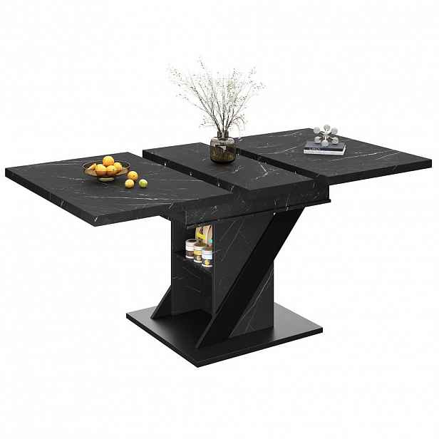 Modfu JÍDELNÍ stůl z MDF 110-140x80x75 cm černý rozkládací s mramorovým dekorem a stabilní konstrukcí