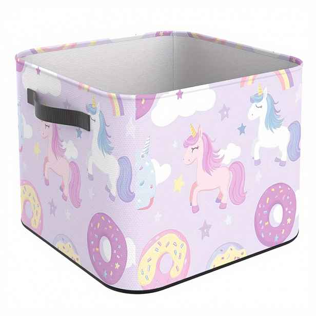 TEMU Skládací úložný koš s roztomilým designem jednorožců a donutů. Tento otevřený úložný box je látkový organizér s uchy, ideální pro třídění