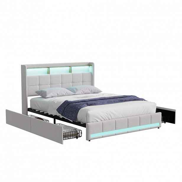 SHOPENTRA LNĚNÁ postel 140x200cm béžová LED 4 zásuvky USB typ-C