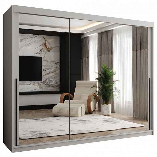 Home Collective ŠATNÍ SKŘÍŇ S POSUVNÝMI DVEŘMI se zrcadlem, šířka 250 cm, bílá s černým madlem