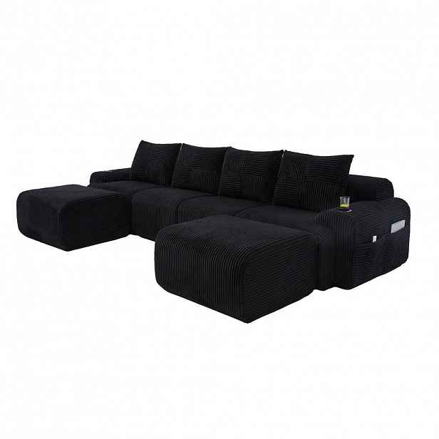 Redom MODULÁRNÍ 4místná pohovka 333/174/80 cm s držákem nápojů a boční kapsou, manšestr, Černá