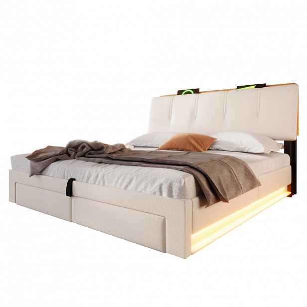 FLIEKS ČALOUNĚNÁ POSTEL 140x200cm Úložná LED USB-C Len Béžová