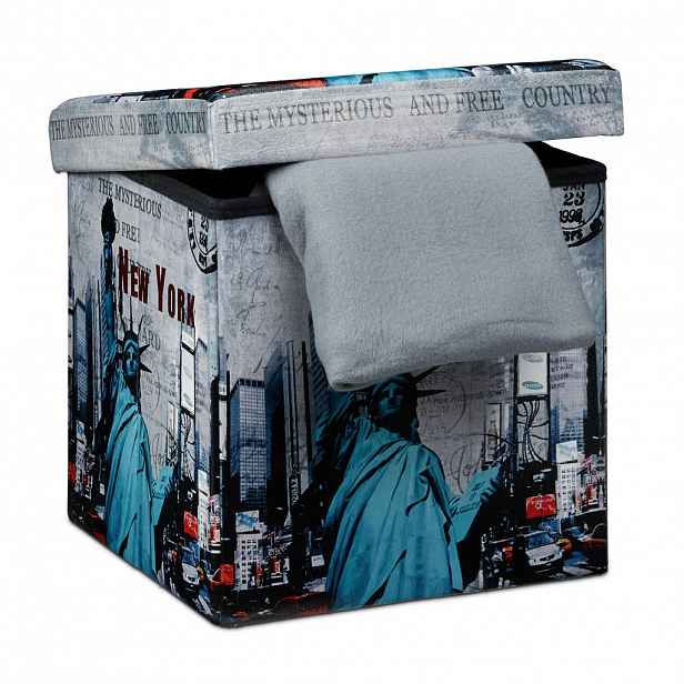 Relaxdays TABURET Vícebarevný úložný skládací z umělé kůže motiv New York 38x38x38 cm
