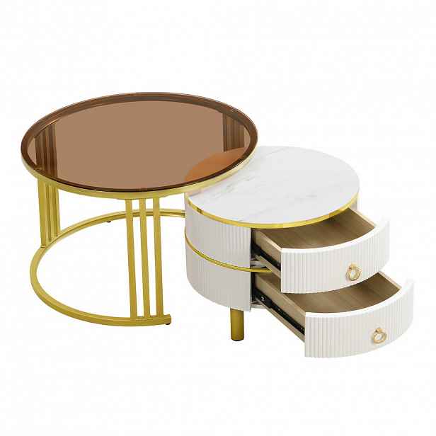 STILVORA SET KONFERENČNÍCH STOLŮ v bílé a hnědé barvě se 2 zásuvkami a tvrzeným sklem, 70×70×45 cm