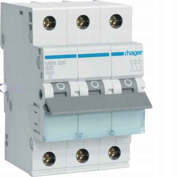 Hager nadproudový spínač 3P B 20A 6kA 3M MBN320