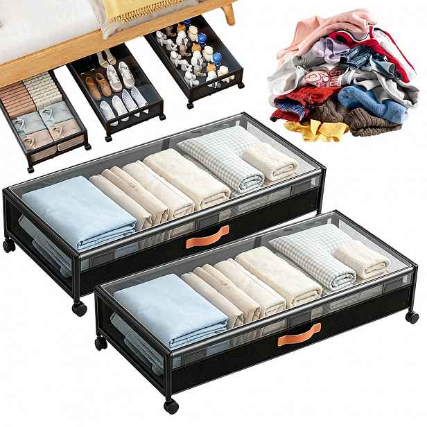 Organizér Kontejner na kolečkách pod postel Skříň s víkem 54L Skládací Černý