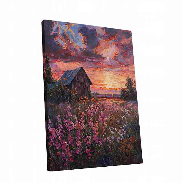Obraz na plátně Západ Slunce, květiny, krajina – obraz do bytu, pokoje, obýváku 60x80 cm