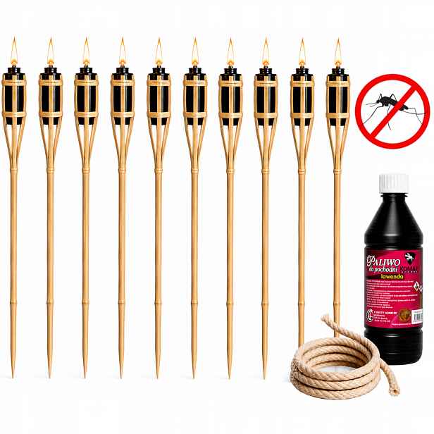 Sada 10 x Bambusová pochodeň 90 cm, Olej proti komárům 1 l, Knot 1 m