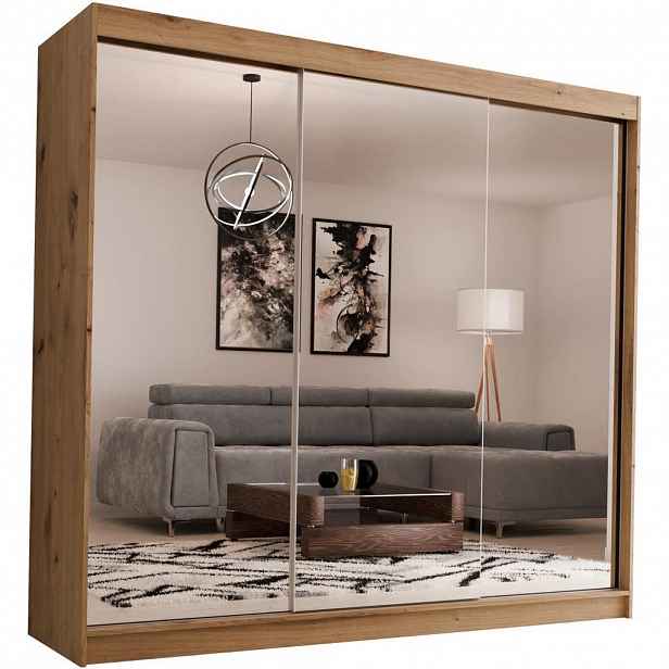 Beautysofa SKŘÍŇ s posuvnými dveřmi Debra 240/216/61 dub Artisan se zrcadlem a zásuvkami