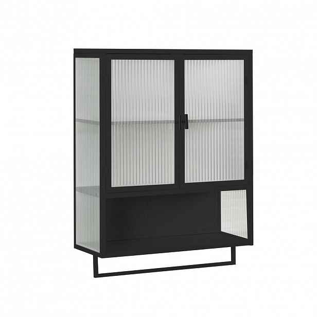 STILVORA NÁSTĚNNÁ SKŘÍŇKA v černé barvě se 2 skleněnými dvířky a držákem na ručníky, 60×23×78 cm