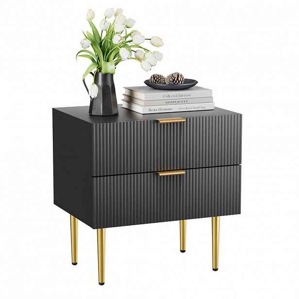 Modfu NOČNÍ stolek z MDF a kovu 53x41,5x53 cm černý se 2 zásuvkami a vroubkovaným dekorem