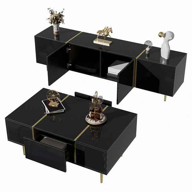 Modfu SESTAVA TV stolku a konferenčního stolku z MDF 170x35x46 / 100x60x41,5 cm černá ve vysokém lesku se soft-close