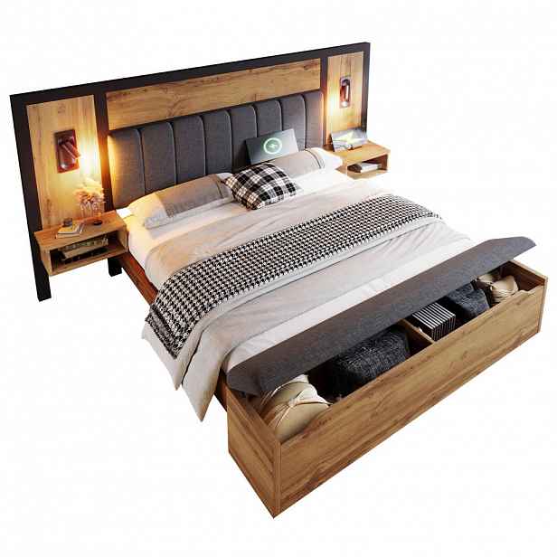 Modfu ČALOUNĚNÁ postel z kovu, MDF a lnu 180x200 cm dub s čtecím světlem, USB/Type-C a úložnou lavicí