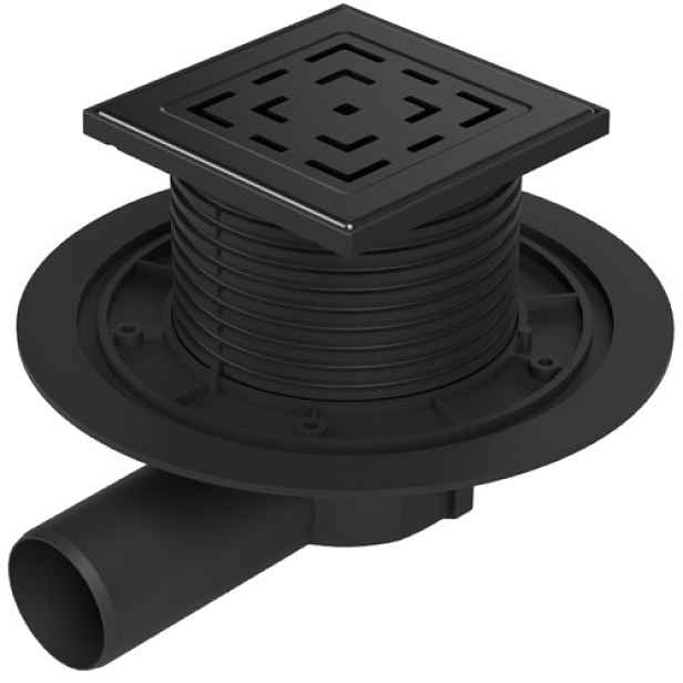 Chuděj Podlahová vpust boční černá DN50; mřížka 125x125 mm nerez LABYRINTH černá (Gule boční DN50 s černou mřížkou)