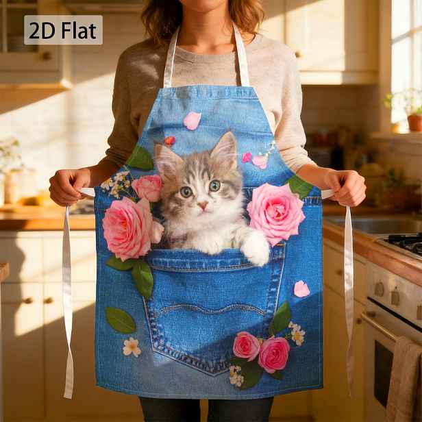 TEMU 2D Plochá 1ks Pohodlná Zástěra pro Milovníky Zvířat, Kocour Tabby, Růže, Džínová Grafická Zástěra Roztomilý Květinový Tisk Dekorativní Styl 27 x