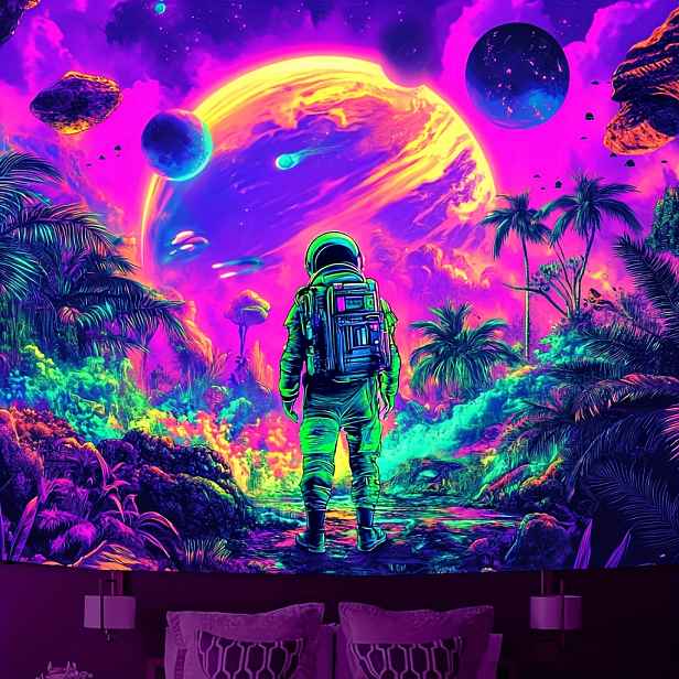 TEMU Mezihvězdný Astronaut Tapiserie - UV Reaktivní Polyesterová Party Pozadí, Svítící ve Tmě Vesmírné Dobrodružství Nástěnné Závěsy, Letní