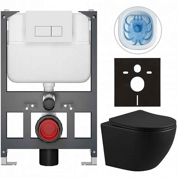 Kompletní WC set Basic/Cesso - černá matná - WC tlačítko Modulo/Bílá - závěsné - nízký modul - předstěnová instalace - 49x36 cm - 8050BD86364