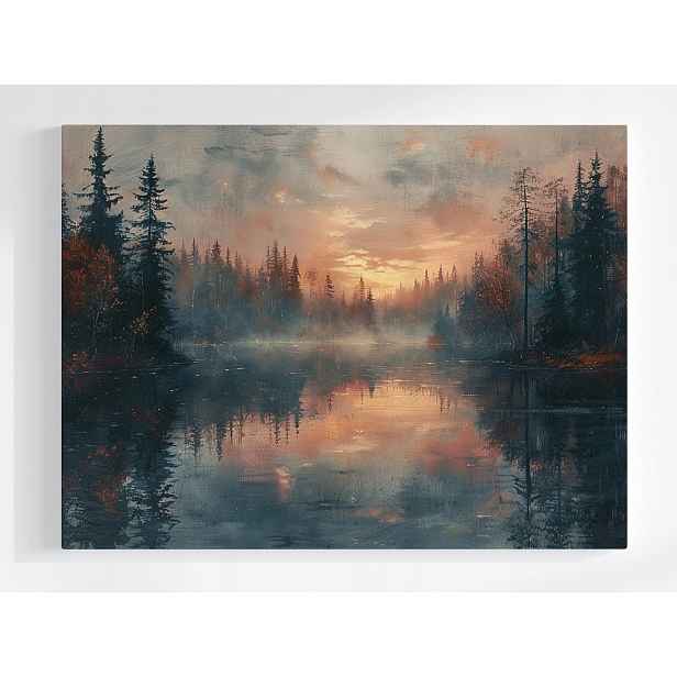 Obraz Na Plátně Canvas Krajina Stromy Jezero Mlha Západ Večer 80x60