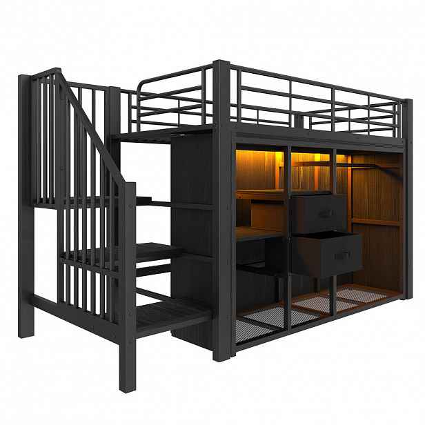Modfu POLOVYSOKÁ postel z kovu a MDF 90x200 cm černá se 2 zásuvkami, otevřeným šatním prostorem a LED osvětlením