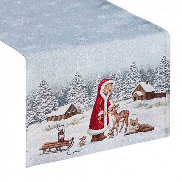 Vánoční ubrus gobelínový 45x140 stříbrný, pohádková zimní krajina