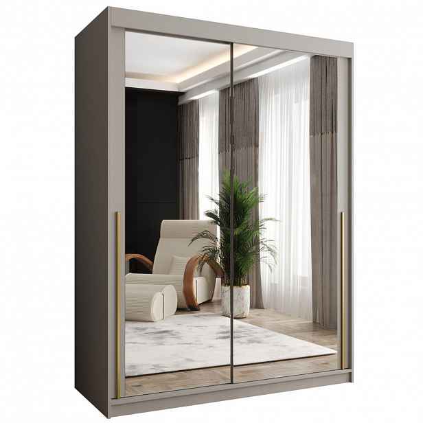 Home Collective ŠATNÍ SKŘÍŇ S POSUVNÝMI DVEŘMI se zrcadlem, šířka 150 cm, kašmírová se zlatým madlem