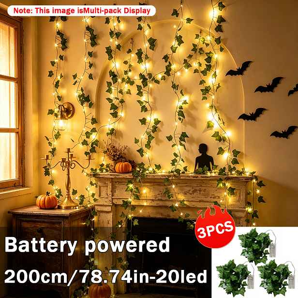 TEMU 3ks, Umělé zelené břečťanové řetězové světla, 2m/6,56ft, 20 LED světel na dekorativní popínavou révu, pro domov, zeď, stolní dekoraci, párty,