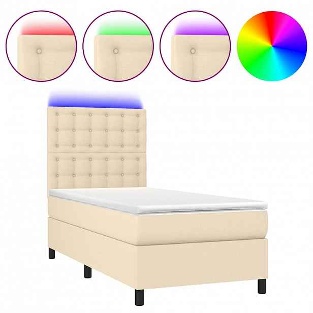 vidaXL Box spring postel s matrací a LED krémová 90x200 cm textil