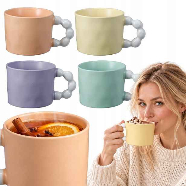 Sada 4 Hrnků 330 ml Porcelánové hrnky s držákem Komplet na kávu a čaj