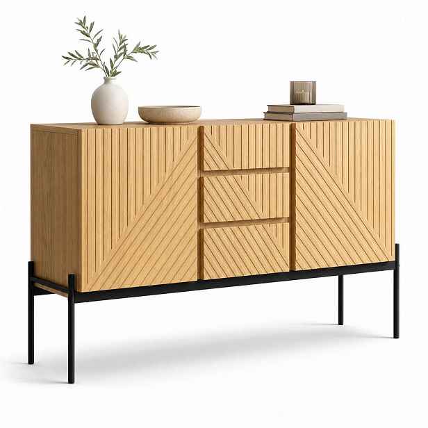 STILVORA KUCHYŇSKÁ SKŘÍŇ v černé barvě se 2 dvířky, 3 zásuvkami a kovovými nohami, s liniovým designem, 140 × 40 × 75 cm