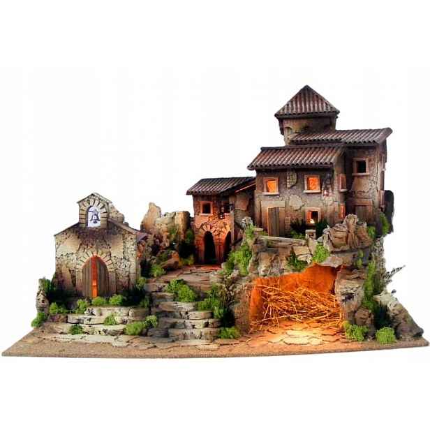 Betlém s kostelem plné osvětlení – 70x45x50 cm