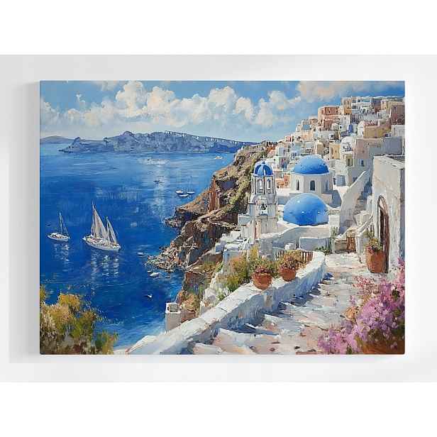 Plakát Pohled Řecko Ostrov Santorini Moře Lodě 100x75